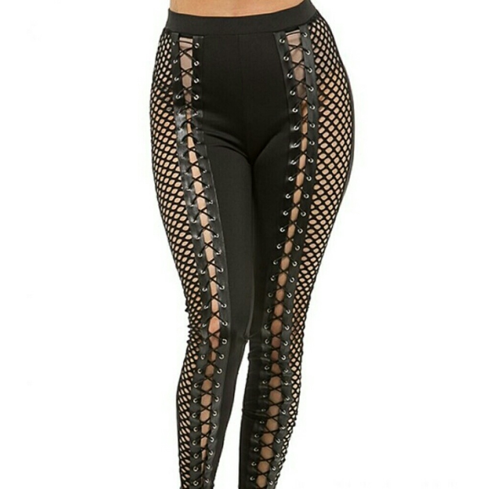Side Fishnet Contrast Lace up Pants